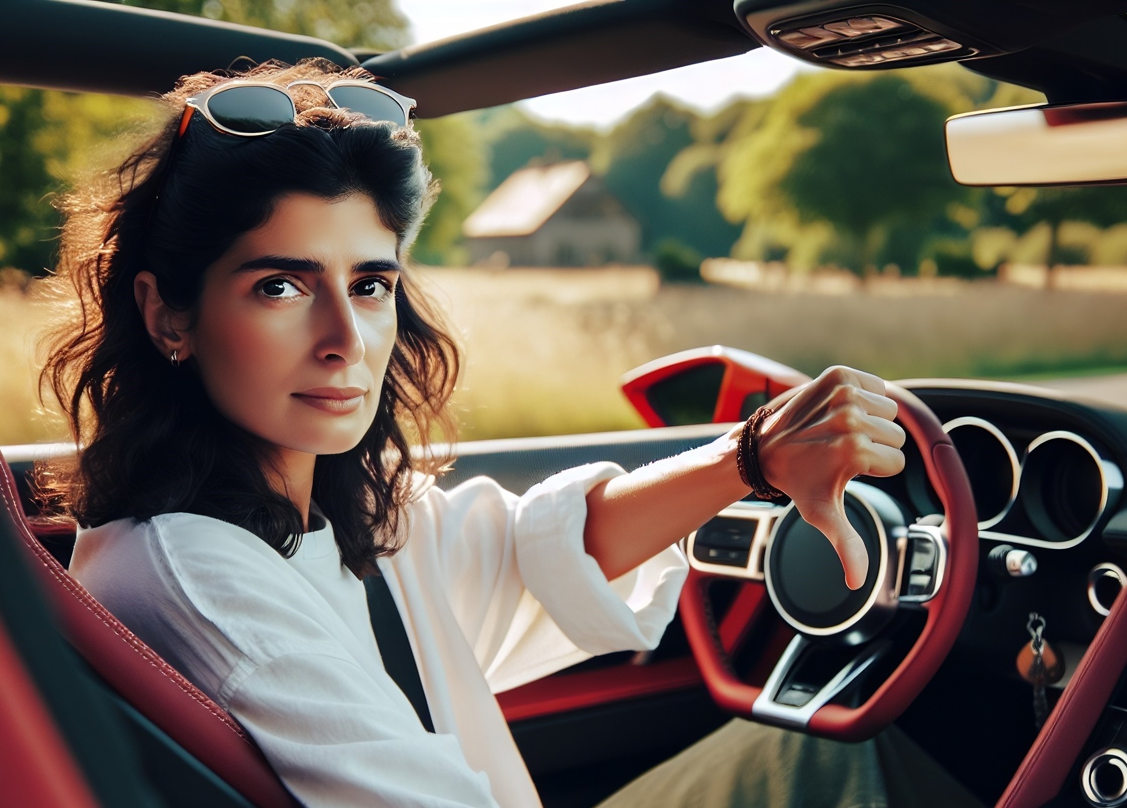 Person giving a thumbs down gesture in a car as a global study of attitudes towards artificial intelligence indicates a contrast in attitudes towards in-vehicle AI between Western and Eastern markets, with Europeans particularly reluctant to embrace the technology in their connected cars.