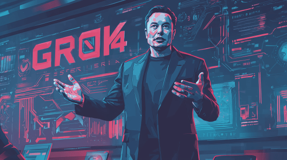 Graphic novel style artwork of Elon Musk in black t-shirt and jacket presenting Grok 4 in red lettering on large display behind him