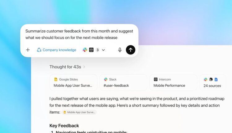 Screenshot of OpenAI ChatGPT for a business task as the firm is surfacing company knowledge by connecting ChatGPT to enterprise data, turning it from a general assistant into a custom analyst.