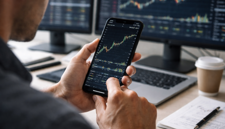 A trader analyzes a financial price chart on a smartphone while multiple market charts display on monitors in the background.