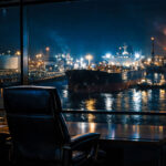 Executive office overlooking an industrial port at night, reflecting Wall Street’s push to bring real-world assets on-chain under institutional control