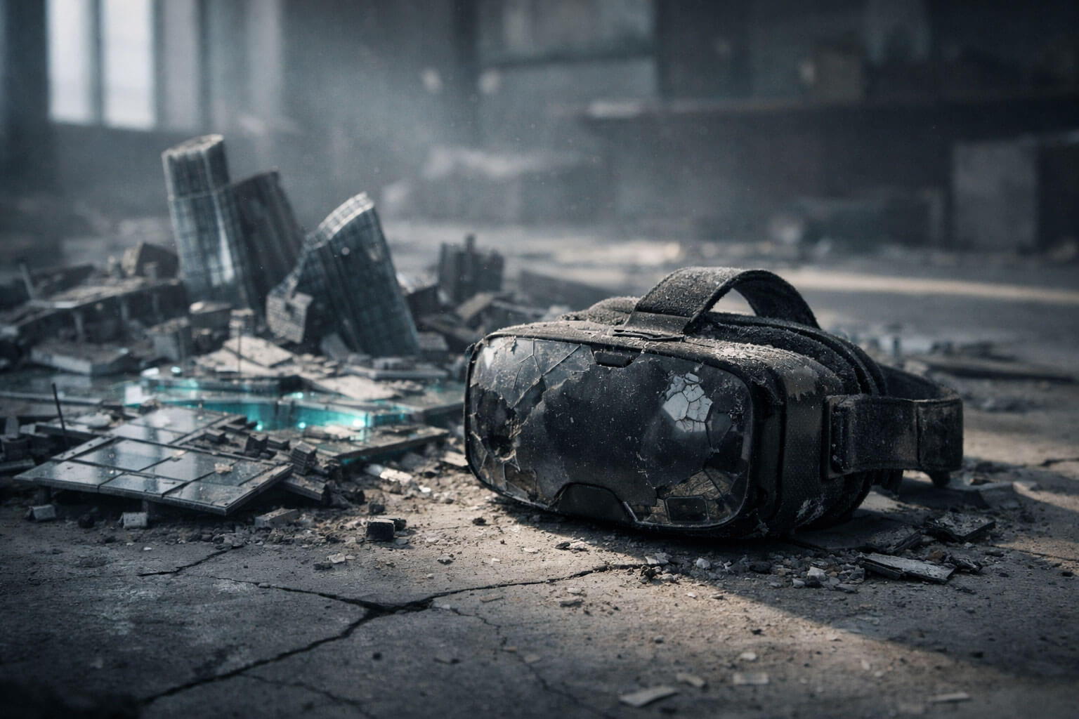Abandoned VR headset in a crumbling digital cityscape, symbolizing metaverse land crash as a once $24M virtual plot falls to $9,000