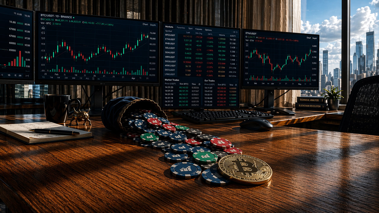 Bitcoin coin beside spilled trading chips on a desk with crypto market charts, symbolizing retail money potentially flowing into Bitcoin after the SEC removed the $25,000 day trading barrier